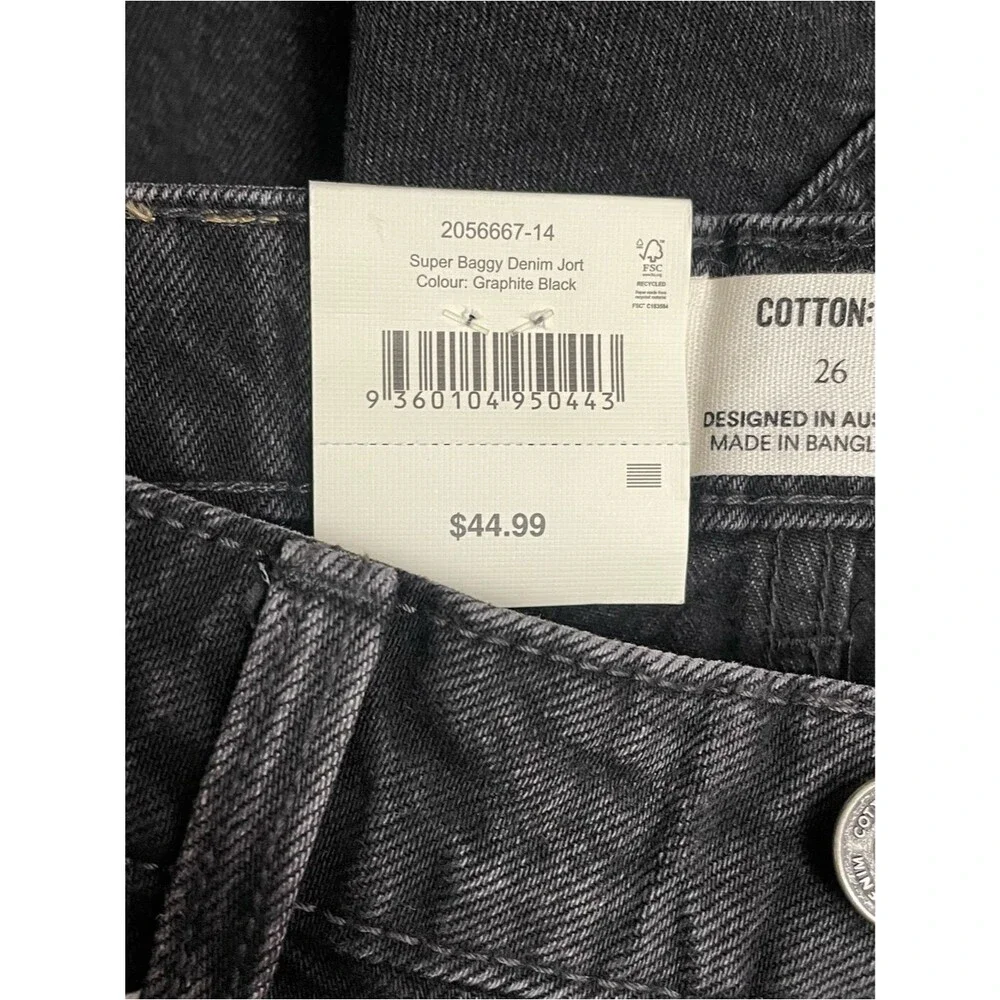 NWT Cotton On Super Baggy Jort Size 26 Black Denim Shorts Mid Rise Long Baggy